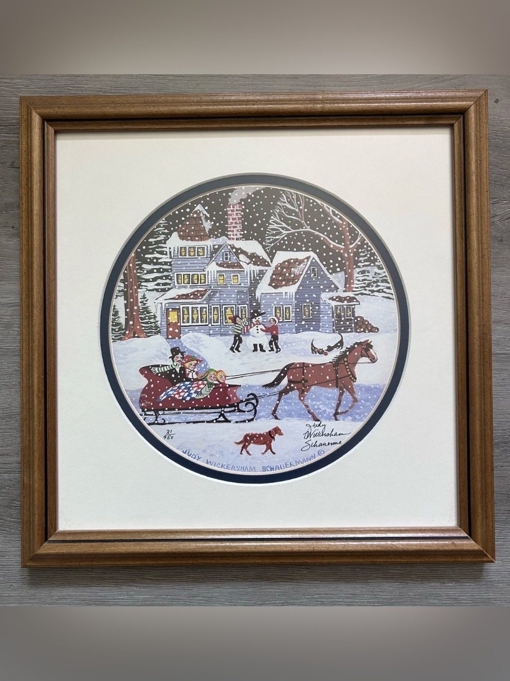 Judy Wickersham Schauermann Signed Folk Art Print 31/950 Winter Sleigh Framed